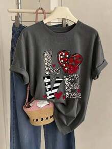 Free Shipping, Local Delivery In Mexico, 4-Day Delivery. Women's LOVE Graphic Print Short-Sleeve T-Shirt, Casual Crew Neck, Dropped Shoulders, With Leopard And Plaid Designs. - Dark Grey - View 4