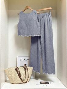 Frenchy Conjunto de 2 piezas de top sin mangas de cuello redondo a cuadros y pantalones para mujer - Azul marino - Ver 2