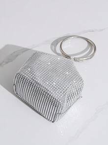 Túi xách đính đá, túi cầm tay bất đối xứng, túi xách tay tròn sang trọng dự tiệc, túi đựng điện thoại, hộp đựng son môi, túi xách nữ thời trang phong cách Âu Mỹ. - Bạc - Xem 8