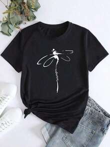 Camiseta casual holgada para mujer con estampado de libélula, suave y cómoda, sencilla y elegante, a precio asequible. - Negro - Ver 6