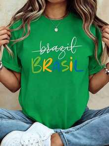 Women's 100% Brazilian Style Printed White T-Shirt, Casual Short Sleeve Round Neck Top For Spring And Summer, Women's Clothing Category, Unisex Soft Cotton Short Sleeve T-Shirt, Elegant Top Made Of Lightweight And Soft Cotton Fabric, Versatile Style For Everyday Wear - 綠色 - 查看 6