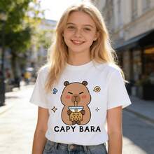 Tops para mujer de algodón para mujer, blanca, con estampado gráfico de capibara yé de burbujas, linda, de manga corta, casual, con cuello redondo. - Blanco - Ver 8