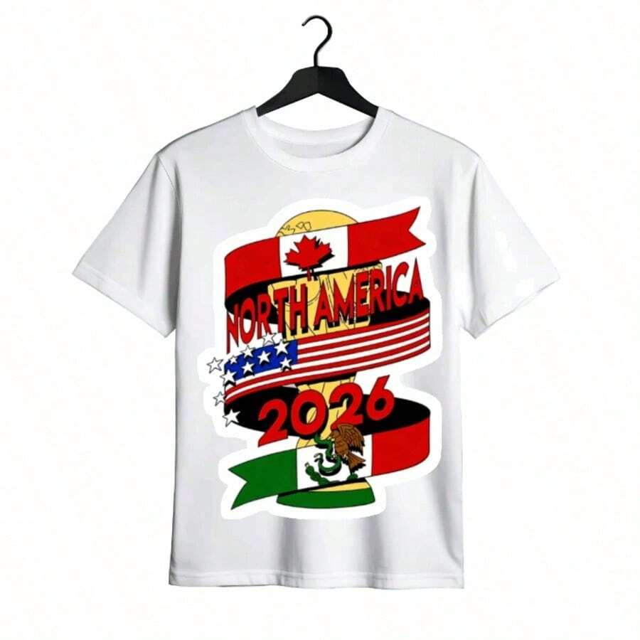 Tops para mujer de algodón de manga corta y cuello redondo, de corte regular, casual y linda, con estampado North America 2026. Ropa de verano para mujer, ropa de vacaciones para mujer, tops de mujer, tops y conjuntos de verano, ropa de verano, regalos de Pascua, regalos de la Copa Mundial 2026. - Blanco - Ver 1