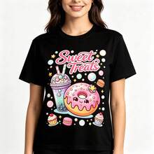 Tops para mujer holgada con estampado gráfico lindo para niñas - Estampado frontal de adorables donuts deé de la tarde y letras, top casual de estilo callejero para la vuelta al cole. - Negro - Ver 8