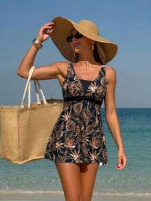 Swim Lushoire Conjunto de falda y shorts de baño de verano para mujer con estampado tropical de plantas para vacaciones en la playa - Marrón - Ver 5