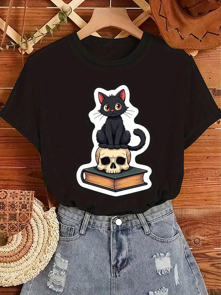 Camiseta de mujer gótica kawaii con estampado de gato Maneki-Neko y calavera - Camiseta de verano de manga corta y cuello redondo de corte holgado, top lindo con diseño de gatito anime y dijes para uso casual, atuendos de Halloween (talla G), camisetas originales para mujer, camiseta divertida para mujer, camiseta linda para mujer, camisetas femeninas, camisetas divertidas para mujer, camiseta de mujer, camiseta divertida para mujer, camisetas divertidas para mujer, camisetas de mujer, camisetas divertidas para mujer, camiseta para mujer, camiseta casual para mujer, camiseta de mujer, camisetas divertidas para mujer, tops de gimnasio para mujer. - Negro - Ver 1