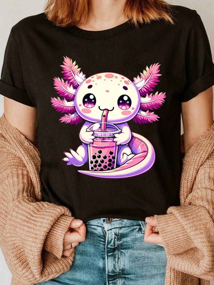 Camiseta Lala-Q de anime con estampado de letras de moda y ajolote kawaii tierno, manga corta y cuello redondo, top casual para verano y primavera, ropa de mujer - Negro - Ver 1