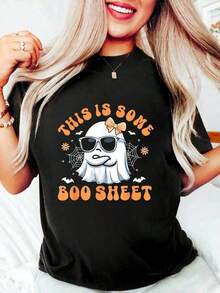 100% Algodón Esta es una camiseta de mujer con diseño de fantasma para Halloween, camiseta holgada para mujer, transpirable, clásica y cómoda. Camiseta holgada, casual y versátil, estilo Y2k. - Blanco - Ver 1