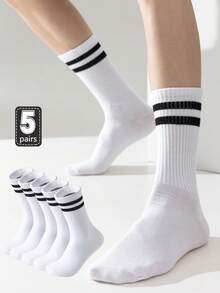 5 pares de calcetines tipo tripulación para hombres, calcetines de algodón transpirables con diseño de rayas, resistentes al olor, aptos para primavera/verano, diseño unisex, sencillo y versátil, calcetines blancos de talla grande - Multicolor - Ver 9