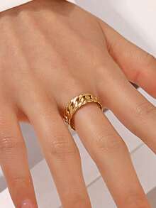 1pc Stainless Steel 18K Gold Plated Minimalist Chain Design Open Ring, Suitable For Women's Daily, Party, Holiday Gift - Gold - View 2