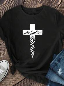 Classic Easter Print T-Shirt, Minimalist Bird On Snowy Mountain Design | Regular Length, Casual Short Sleeves, Crew Neck, Suitable For Shopping, Everyday Outings, A Must-Have For Autumn And Winter. A Bestseller. - 黑色 - 查看 1