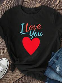 Classic Short-Sleeved T-Shirt For Women With An 'I Love You' Print, Perfect For Spring And Summer. It's An Ideal Choice For Lounging At Home, Vacations, Or Casual Wear On Campus. A Bestseller. - 黑色 - 查看 3