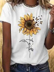 Camiseta de Mujer con Estampado de Girasoles y Mariposas - Blusa Casual de Manga Corta y Cuello Redondo con Diseño de Girasoles y Mariposas, Tejido de Elasticidad Media, Conjuntos para Clima Cálido de Primavera y Verano, Top Opaco Lavable a Máquina para Ocasiones Casuales y Elegantes - - Blanco - Ver 2