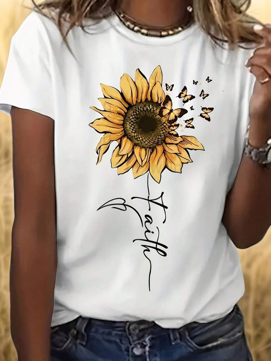 Camiseta de Mujer con Estampado de Girasoles y Mariposas - Blusa Casual de Manga Corta y Cuello Redondo con Diseño de Girasoles y Mariposas, Tejido de Elasticidad Media, Conjuntos para Clima Cálido de Primavera y Verano, Top Opaco Lavable a Máquina para Ocasiones Casuales y Elegantes -