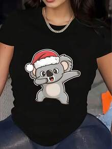 Camiseta de mujer con estampado de canguro, de manga corta y cuello redondo, estilo casual, adecuada para verano y primavera, negra con diseño de gorro navideño, tela de poliéster suave, corte regular, ropa casual. |   Camiseta con estampado divertido |   Camisetas ligeras para mujer, camisetas gráficas de verano para mujer, camiseta casual estampada para mujer, manga corta y cuello redondo, moda urbana local de primavera/verano. - Negro - Ver 7