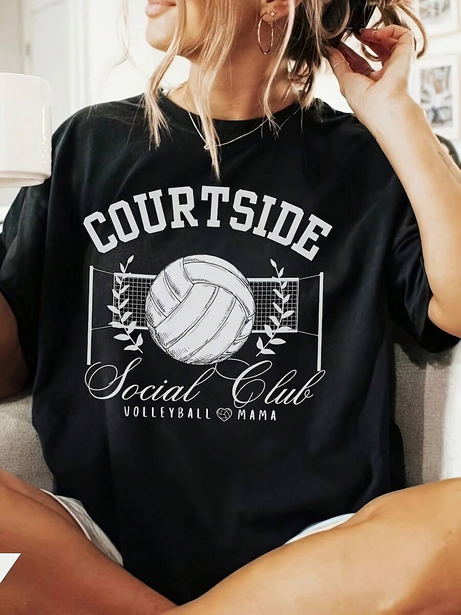 Camiseta de manga cortara mujer, talla grande, cuello redondo, estampado artístico vintage de voleibol y rama de olivo, ho, transpirable, adecu para fiestas en estadios y fiestas de mamá, orgullo de ocio, tienda comunitaria local, en stock, lanzamiento rápido, ligera y casual para uso
