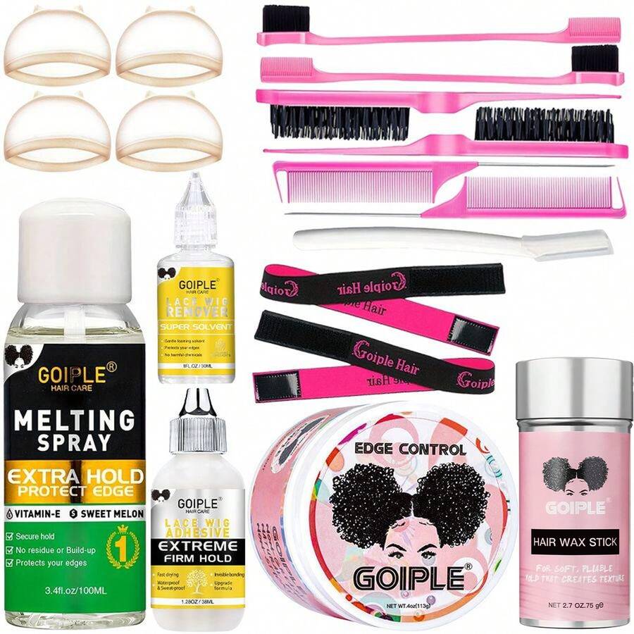 Goiple Waterproof Lace Glue Kit Wig Lace Bond Melting Spray Extra Hold For Lace Front Glueless Adhesive,Includes Lace Melting And Holding Spray,Wig Glue,Adhesive Remover,Rat Tail Comb, Double Sided Brush,Eyebrow Trimmer,Elastic Hair Band,HD Wig Caps - 18件 - 查看 1