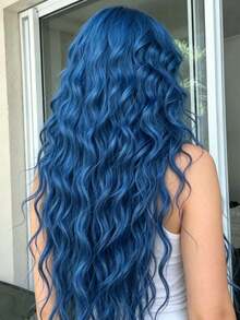 Dark Blue Colored Deep Wave Synthetic Glueless Wigs For Daily Party Cosplay Use Music Festival Dance Party Street Wear Use 13x4 HD Blue Colored Long Kinky Curly Lace Frontal Wigs Free Parting Heat Resistant - 藍色 - 查看 4
