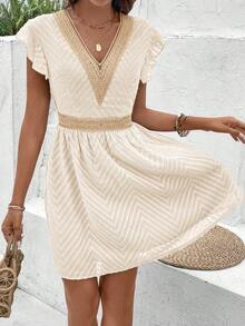 Vestido de verano con cintura fruncida y mangas de mariposa para mujer con cuello en V y estilo elegante - Albaricoque - Ver 5