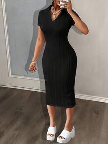 Elegant And Fashionable Solid Color Knitted Texture Women's V-Neck Long Short Sleeved Slim Elegant Dress Suitable For Commuting, Tourism, Parties, And Daily Life In Spring, Summer, And Autumn - Black - View 4