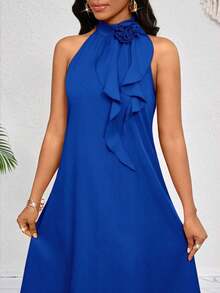 Lady Vestido de longitud media naranja con decoración de volantes florales tridimensionales en el cuello.Elegante y holgado para damas.Ideal para vacaciones de primavera y verano.Estilo bohemio. - Azul marino - Ver 7