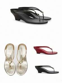 Sandalias de tiras minimalistas de tacón bajo, verano 2025 Nuevas. Sandalias de cuero versátiles de punta abierta y slip-on para mujer, tacón de gatito, chanclas - Dorado - Ver 6