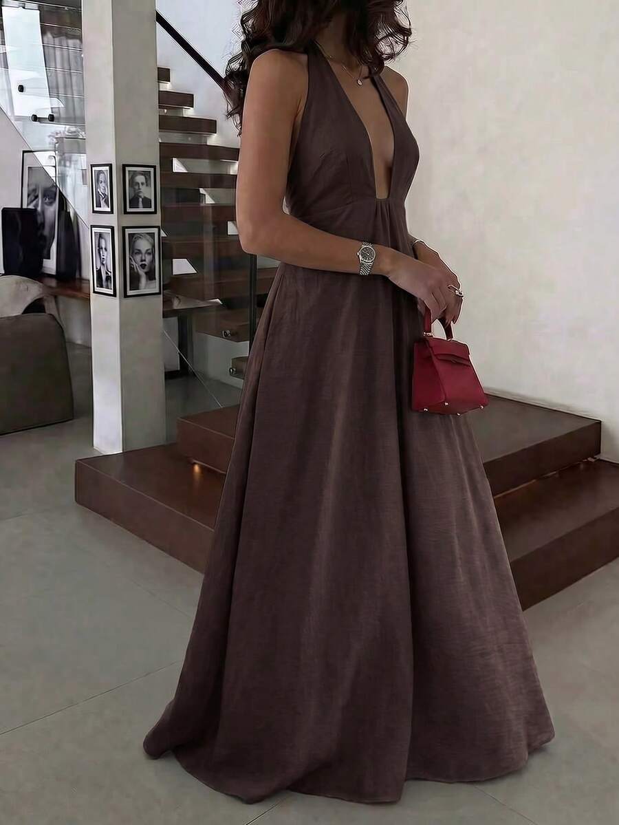 Vestido largo casual de mujer con tirantes finos de color marrón, vestido largo de lino con cuello en V profundo y espalda descubierta con bolsillos, vestido para playa y vacaciones - Marrón - Ver 1
