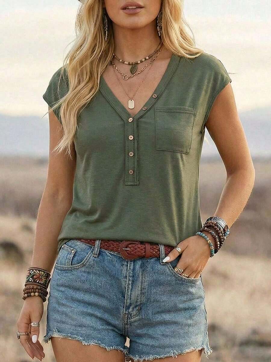Camiseta Casual Verde Para Mujer Para El Festival De Música En Verano Del País - Verde militar - Ver 1