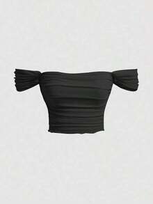 Top de hombros descubiertos fruncido de malla - Negro - Ver 5