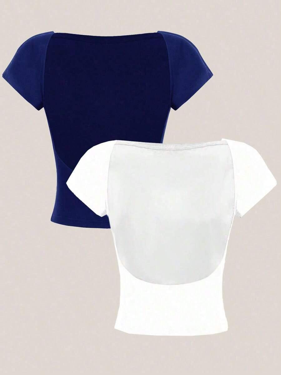 2 piezas Camiseta ajustada de mujer con cuello redondo, mangas cortas y espalda descubierta, estilo sexy y casual, adecuada para el verano - Multicolor 15 - Ver 1