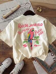 [Double-Sided Print] Fashionable Women's Top, Women's Summer Clothes, Tropical Style, Short Sleeve T-Shirt With Round Neck And Parrot Print And RIO DE JANEIRO TROPICAL Text, Women's Winter Clothes - 杏色 - 查看 4