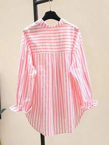 Camisa de manga larga casual con bolsillo en el pecho y estampado de rayas para mujeres, otoño e invierno - Rosa - Ver 2