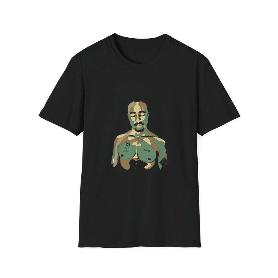 Camiseta Gráfica con Retrato Militar de Camuflaje Negro - Negro - Ver 1