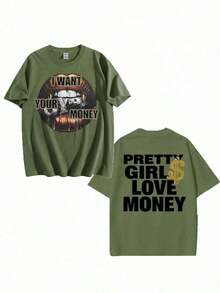 Fly "I Want Your Money" Hip-Hop Style T-Shirt, 100% Cotton, Double-Sided Print, Suitable For Men And Women, The Best Gift For Summer, Casual Short Sleeve T-Shirt - Premium Cotton T-Shirts With Graphic Print And Round Neck - Unisex Loose Fit T-Shirt, Comfortable, Urban Vintage Style. - 綠色 - 查看 2