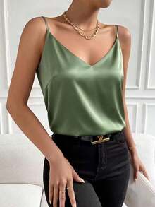 1 pieza Camiseta de satén sin mangas de verano para mujer, elegante top sin espalda de moda, adecuado para verano, citas por la noche, oficina, vacaciones, uso casual diario - Verde - Ver 3