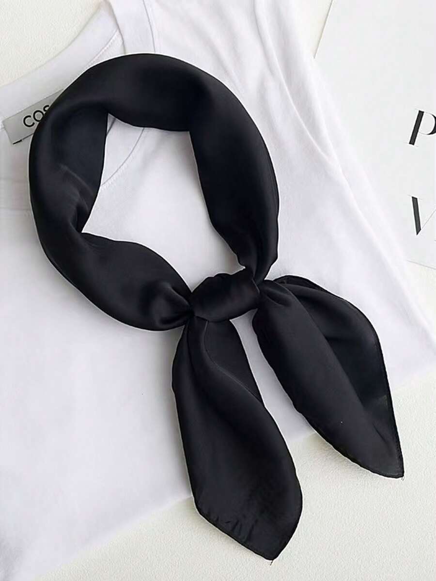 1pc Bandana Women's Solid Color Printed Square Scarf Silk Scarf Headscarf Wrap Decoration Silk Scarf Suitable For Daily Use - Black - View 1
