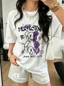 Women's Summer Fashion Short Sleeve T-Shirt Casual Outdoor Fashion 'Cartoon Bear' Print Loose Casual Women's T-Shirt - 白色 - 查看 2