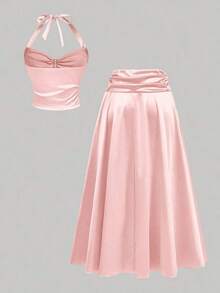 Set de 2 piezas de top halter y minifalda de jacquard para mujer, conjunto de falda y top blanco, ropa de otoño para mujer, atuendo para fiesta, boda, salida, conjunto elegante de mujer, conjunto chic de mujer, ropa de campo para mujer - Rosa - Ver 9