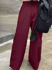 Pantalones casuales de pierna ancha con cordón en contraste y ribeteamionto - Rojo - Ver 2