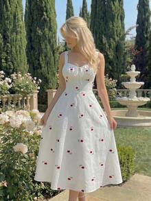 Vestido de longitud media con cintura fruncida y bordado floral para mujer - Rojo y blanco - Ver 6