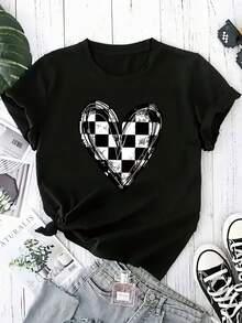 1 camiseta con diseño de corazones y patrón de cuadros blancos y negros, de manga corta y cuello redondo para mujer, de tela transpirable y ligera, lavable a máquina, cómoda y elegante, 180g 100% algodón. - Negro - Ver 2