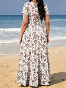 Plus Size Women Floral Print Casual Vacation Dress With Pockets Elegant Summer - Multicolor - View 2