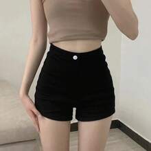Pantalones ajustados informales negros para mujer, mallas adelgazantes ultracortas de cintura alta, pantalones cortos sexis de verano pequeños - Negro - Ver 4