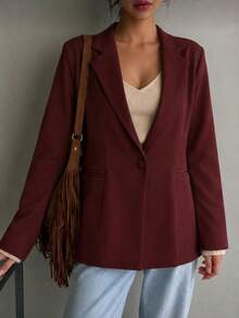FASHION MO FEMININE- MK0254, Women's Blazer, Suit Jacket, Fitted, Elegant, Formal, Modern, Valentine's Day SHE(IN) - 酒紅色 - 查看 2