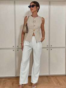 Chaleco de rayas finas elegante y de lujo, blazer sin mangas de verano de color azul marino elegante, atuendos de oficina y trabajo de negocios para mujeres, chaleco ajustado con botones enjoyados único y elegante, top social de moda para ir al trabajo - Multicolor - Ver 4