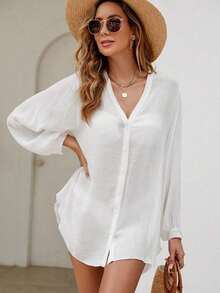 Holidaya Kimono unicolor con botón delantero - Blanco - Ver 1