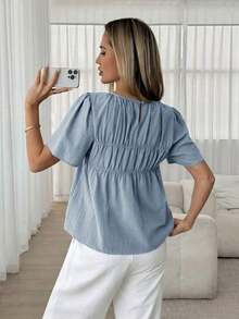 Camisa casual de mujer de unicolor, cuello redondo, manga corta y plisada - Azul - Ver 2