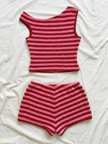Eduarda Gutierrez  Conjunto de 2 piezas para mujer con top corto de punto a rayas y shorts ajustados de tiro súper bajo, atuendo adecuado para vacaciones, fiestas, Navidad, San Valentín, citas, playa, crucero, carnaval, Pascua, Año Nuevo Chi - Rosa Fucsia - Ver 2