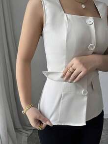 Blusa elegante de mujer con cuello cuadrado sin mangas, decoración con bolsillo falso, camisa ajustada de oficina, primavera/verano - Albaricoque - Ver 4