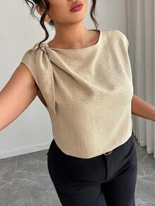 Camisa sin mangas de lino y algodón en beige con lazos en los hombros: informal para vacaciones, elegante para usar en la calle, adecuada para la oficina - Blusa talla grande para primavera y verano - Caqui - Ver 3